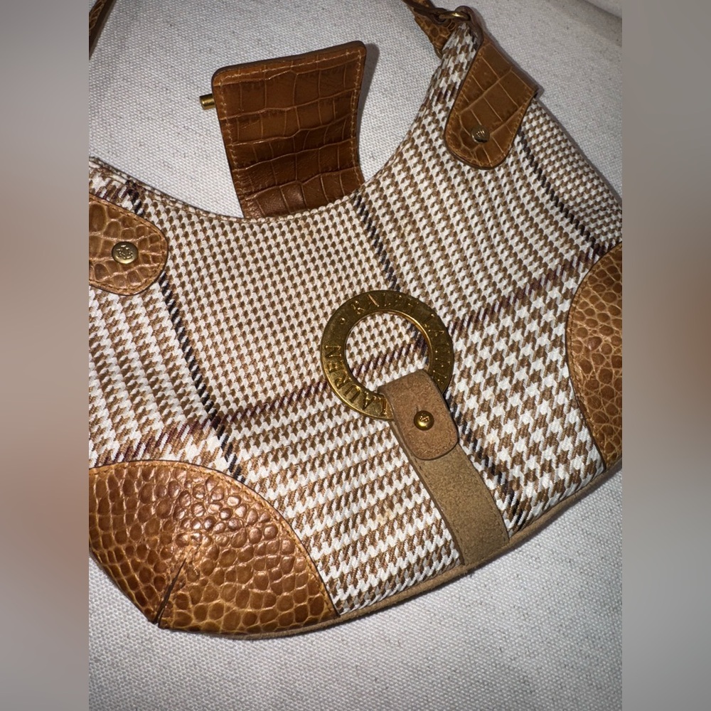‼️SOLD‼️Ralph Lauren Houndstooth Neutral Croc Leather Toggle Lock Hobo Bag Purse - Picture 13 of 16